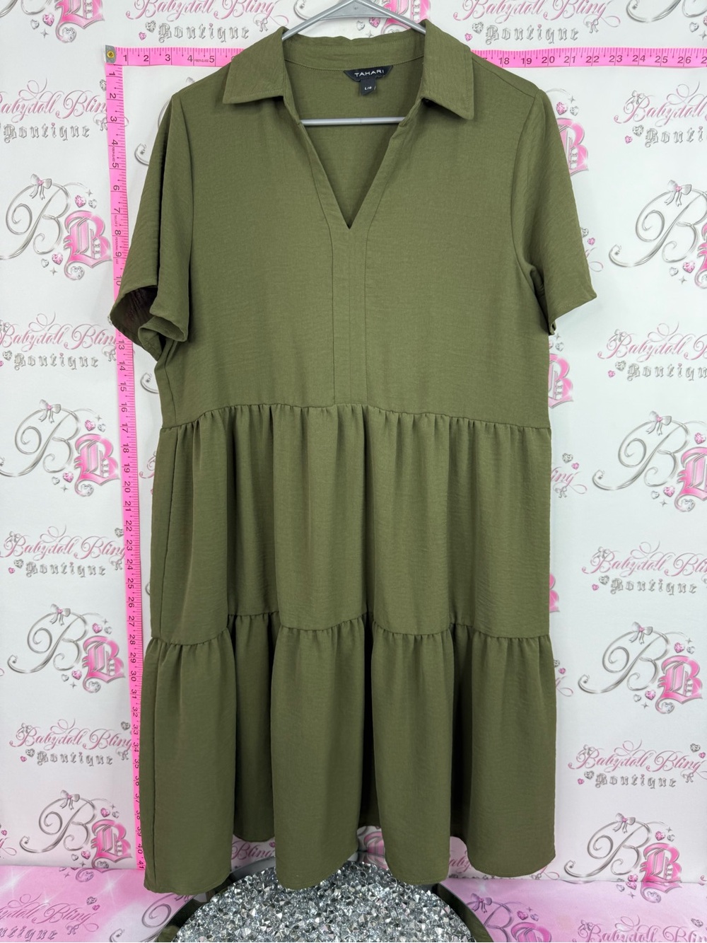 Tahari dress ruffle Olive Green Tiered Collared V-Neck Dress